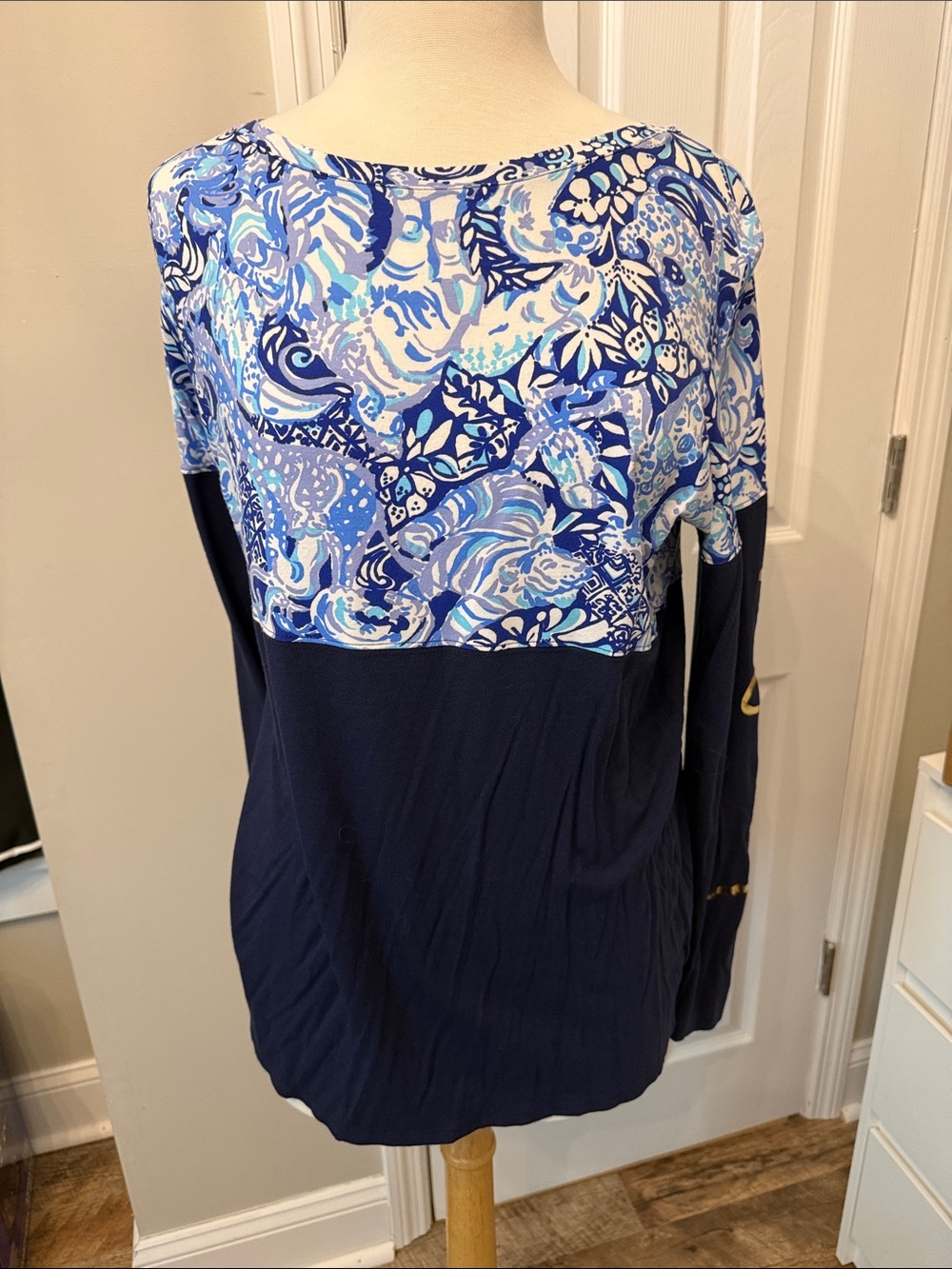 Lilly Pulitzer Navy and Light Blue Printed Long Sleeve Top